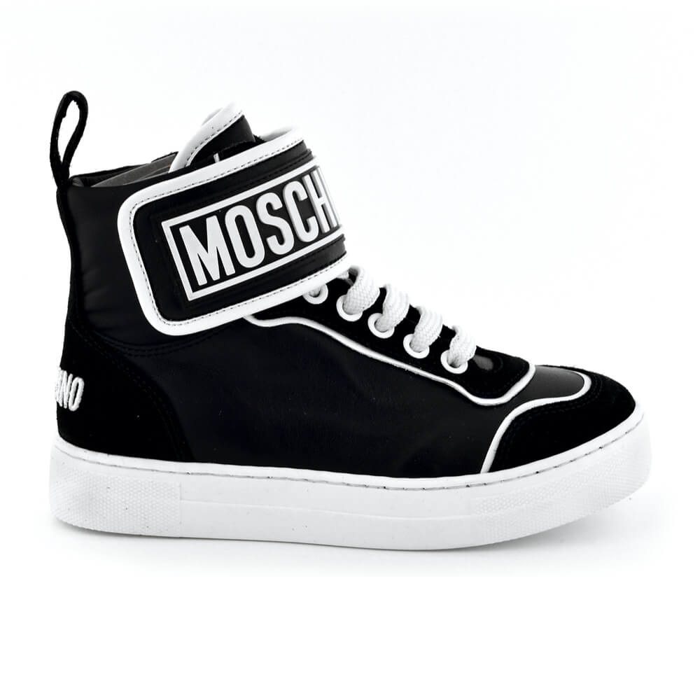 Moschino Boys Black & White Trainers High Tops With Strap Lace Up and Rubber Logo Patch