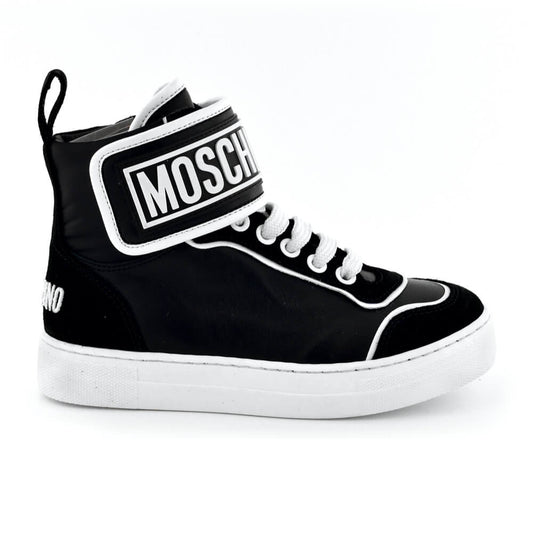 Moschino Boys Black & White Trainers High Tops With Strap Lace Up and Rubber Logo Patch