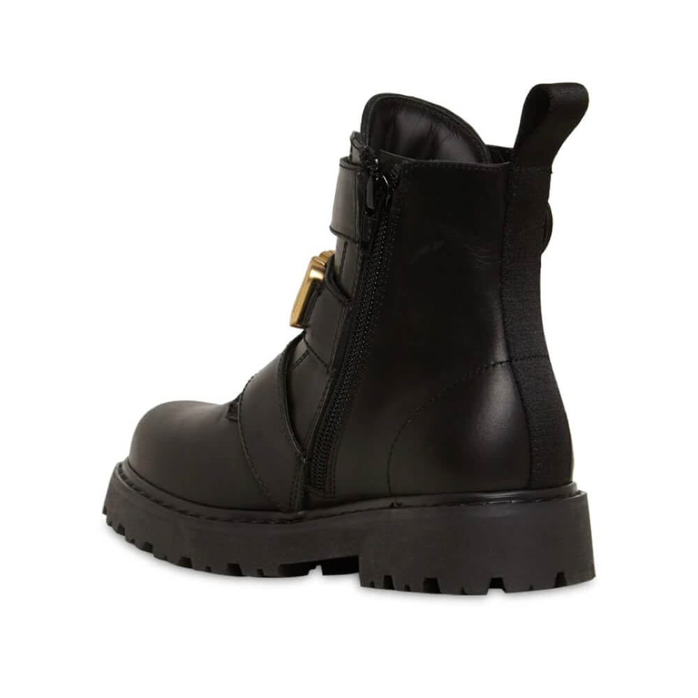 Moschino Girls Black & Gold Ankle Boots With Buckles And Lettering Logo