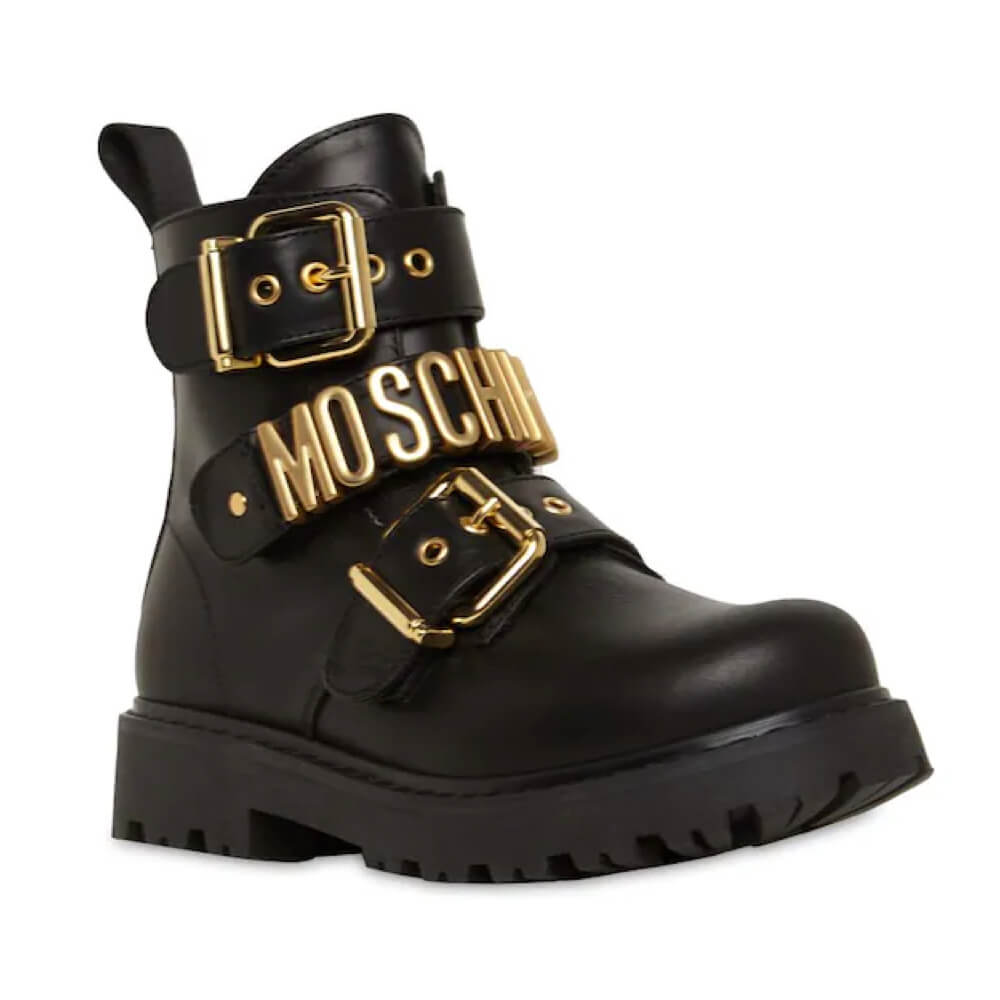 Moschino Girls Black & Gold Ankle Boots With Buckles And Lettering Logo