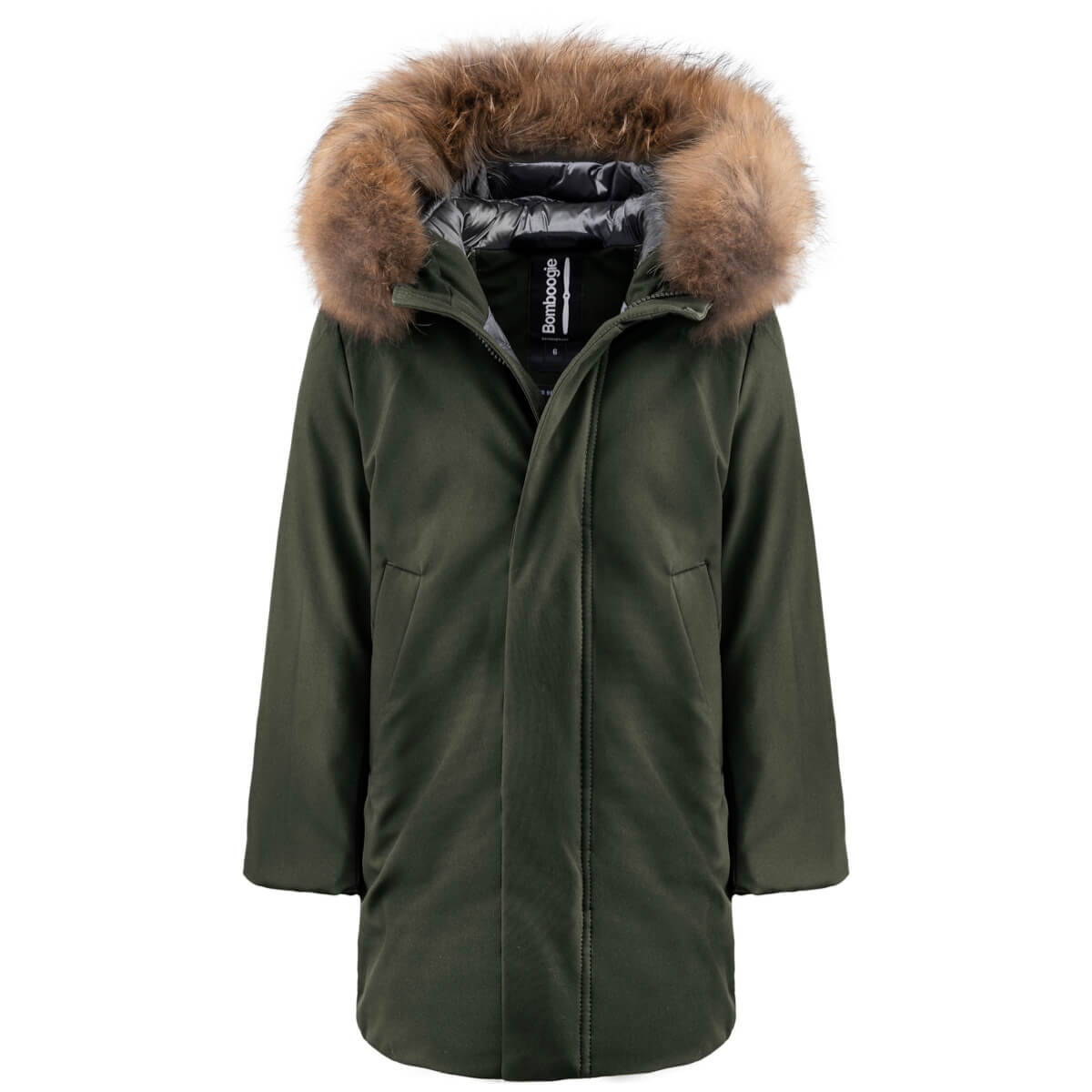 Bomboogie Kids, Boys Long Parka Jacket with Fur Hood, Green