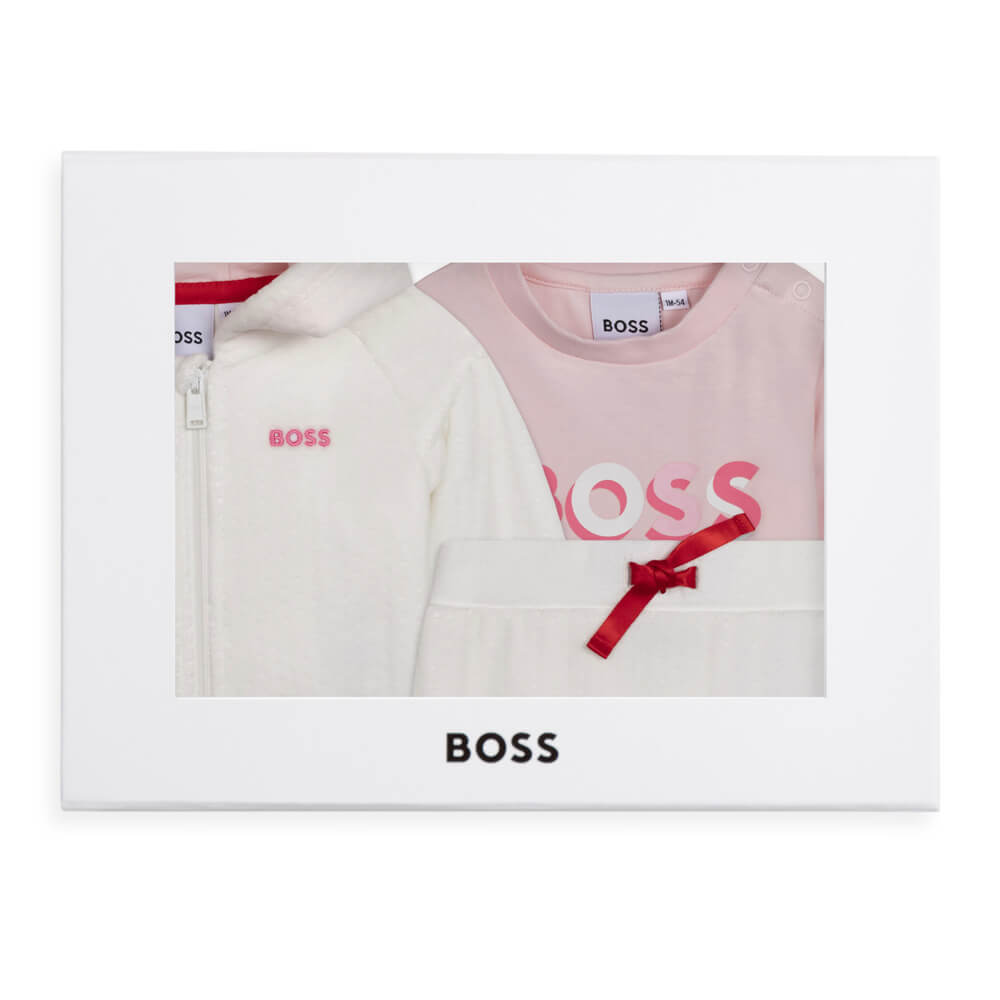 Boss Kidswear Baby Girls White T-Shirt Trousers & Cardigan Set