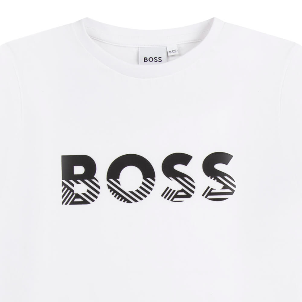 Boss Kidswear Boys White Short Sleeves Printed Logo T-Shirt