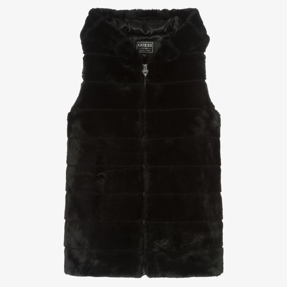 Guess Girls Black Sleevelss Faux Fur Jacket