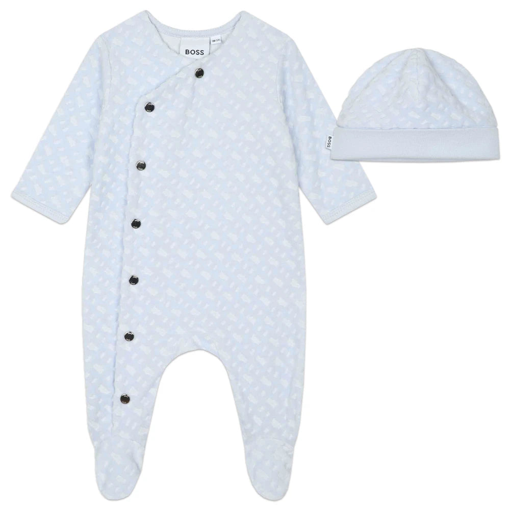 Boss Kidswear Baby Boys Pale Blue Babysuit & Pull On Hat Set