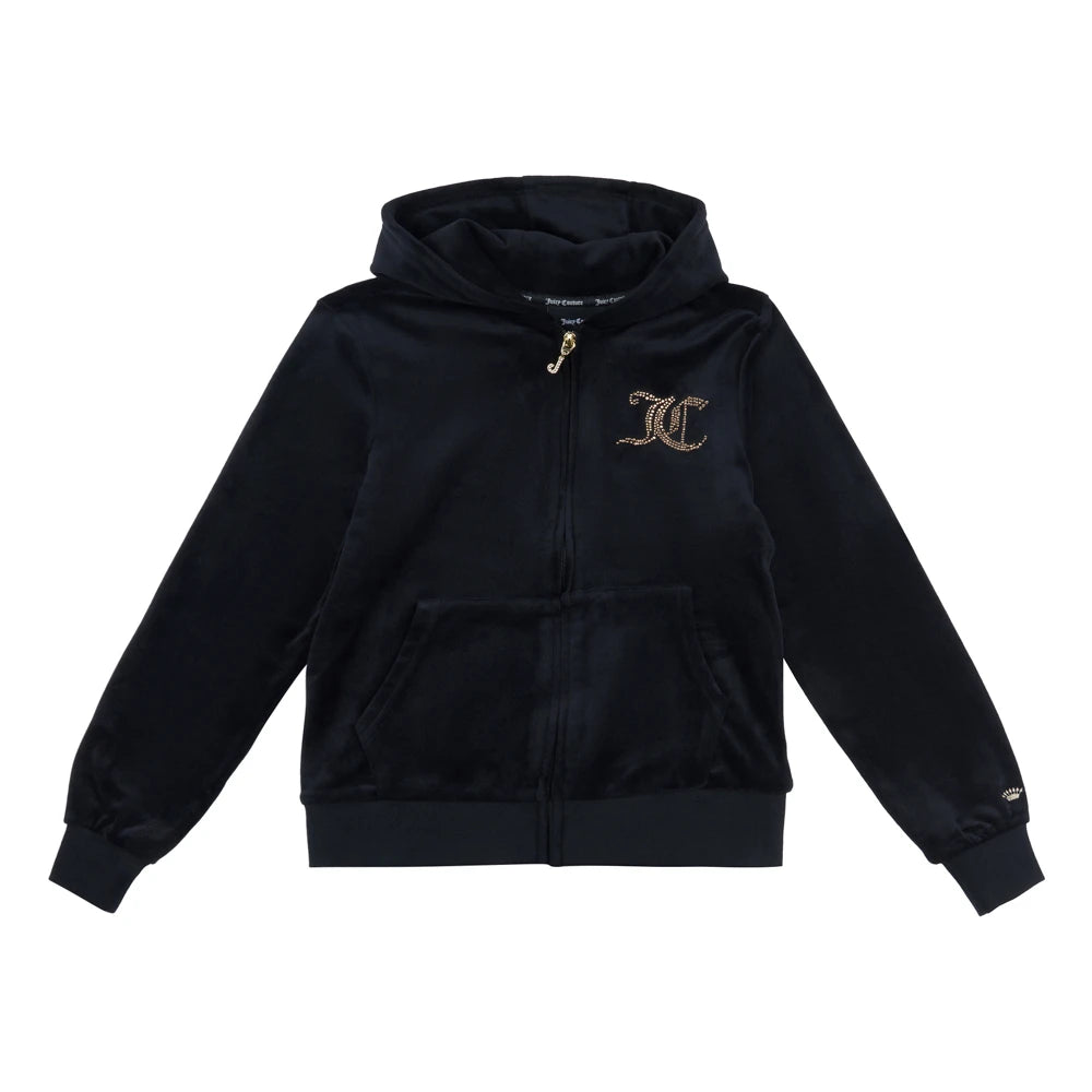 Juicy Couture Girls Black Luxe Crown Diamante Velour Zip Thru Hoodie