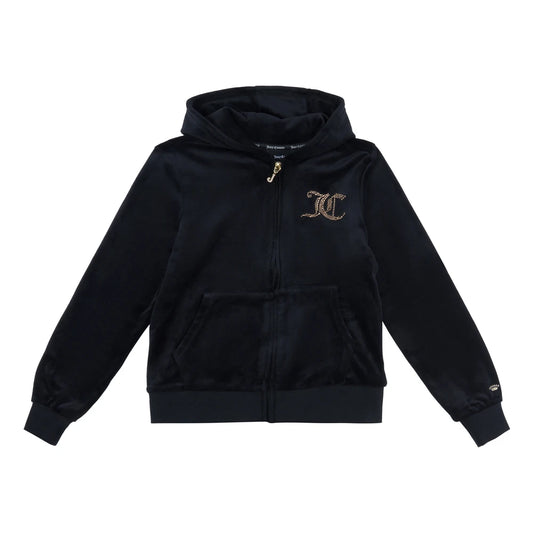 Juicy Couture Girls Black Luxe Crown Diamante Velour Zip Thru Hoodie