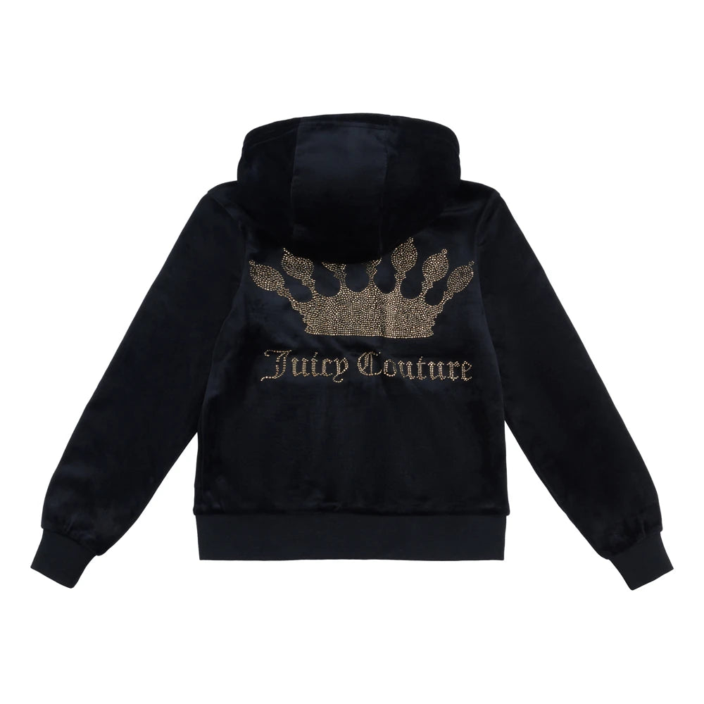 Juicy Couture Girls Black Luxe Crown Diamante Velour Zip Thru Hoodie