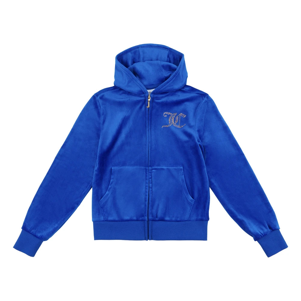 Juicy Couture Girls Blue Diamante Velour Zip Thru Hoodie