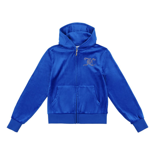 Juicy Couture Girls Blue Diamante Velour Zip Thru Hoodie