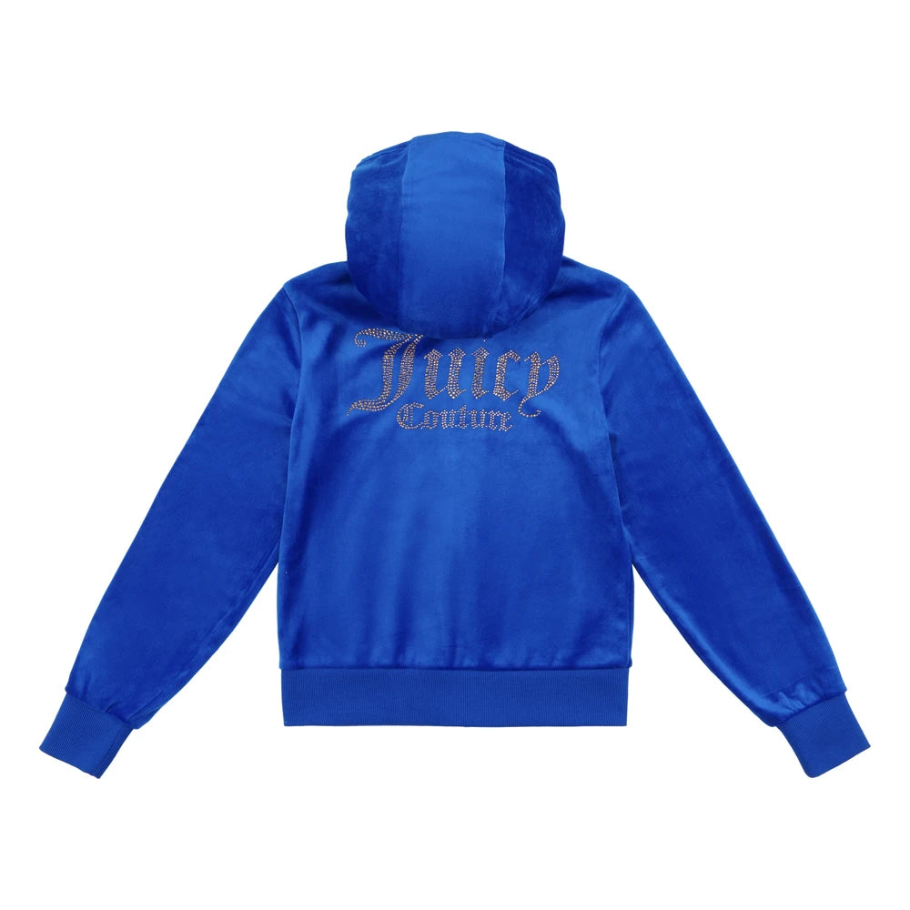 Juicy Couture Girls Blue Diamante Velour Zip Thru Hoodie