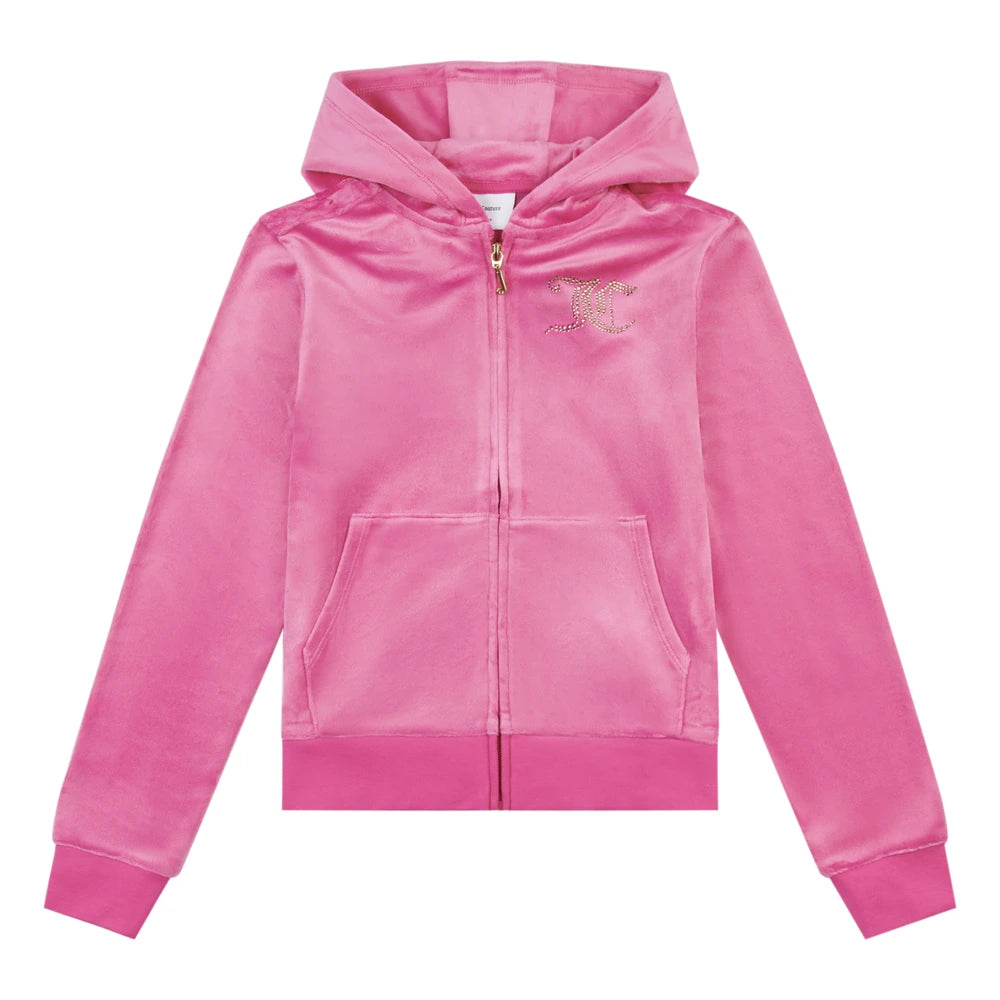 Girls Pink Diamante Velour Zip Thru Hoodie