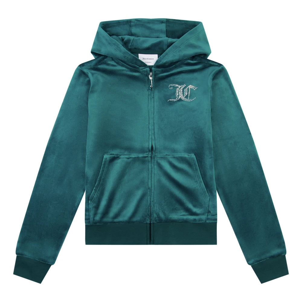 Juicy Couture Girls Green Diamante Velour Zip Thru Hoodie