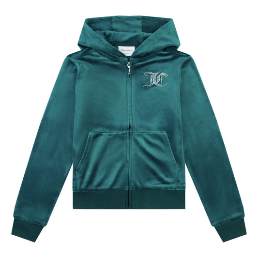 Juicy Couture Girls Green Diamante Velour Zip Thru Hoodie