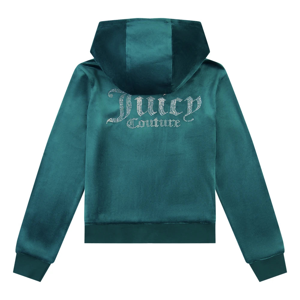 Juicy Couture Girls Green Diamante Velour Zip Thru Hoodie