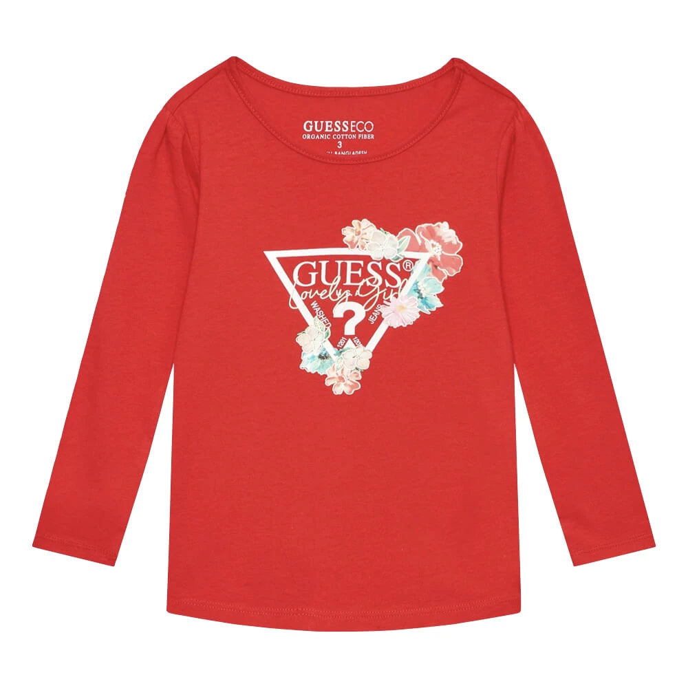 Guess Girls Red Long Sleeved Top With Logo