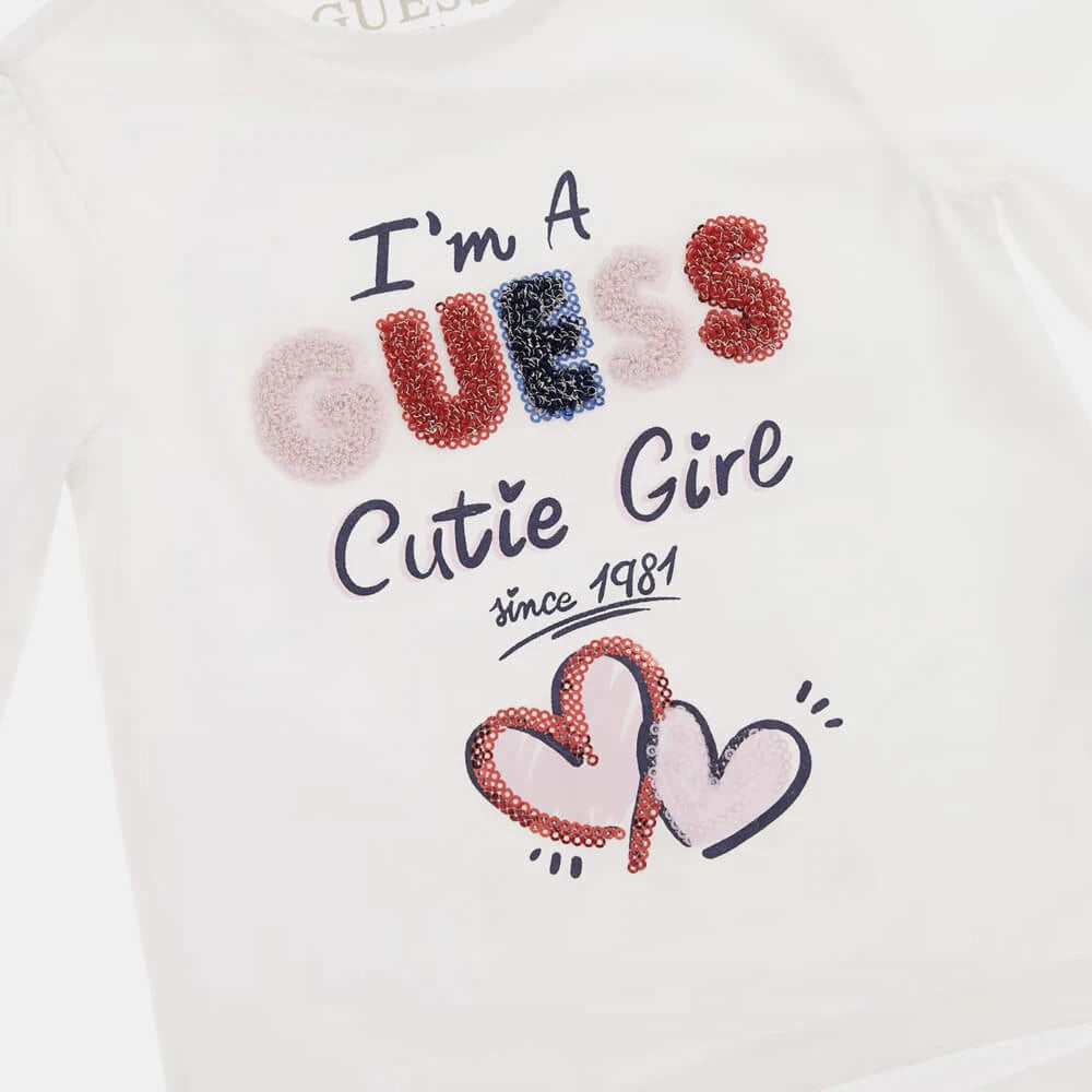 Guess Girls White Long Sleeve Top With Logo