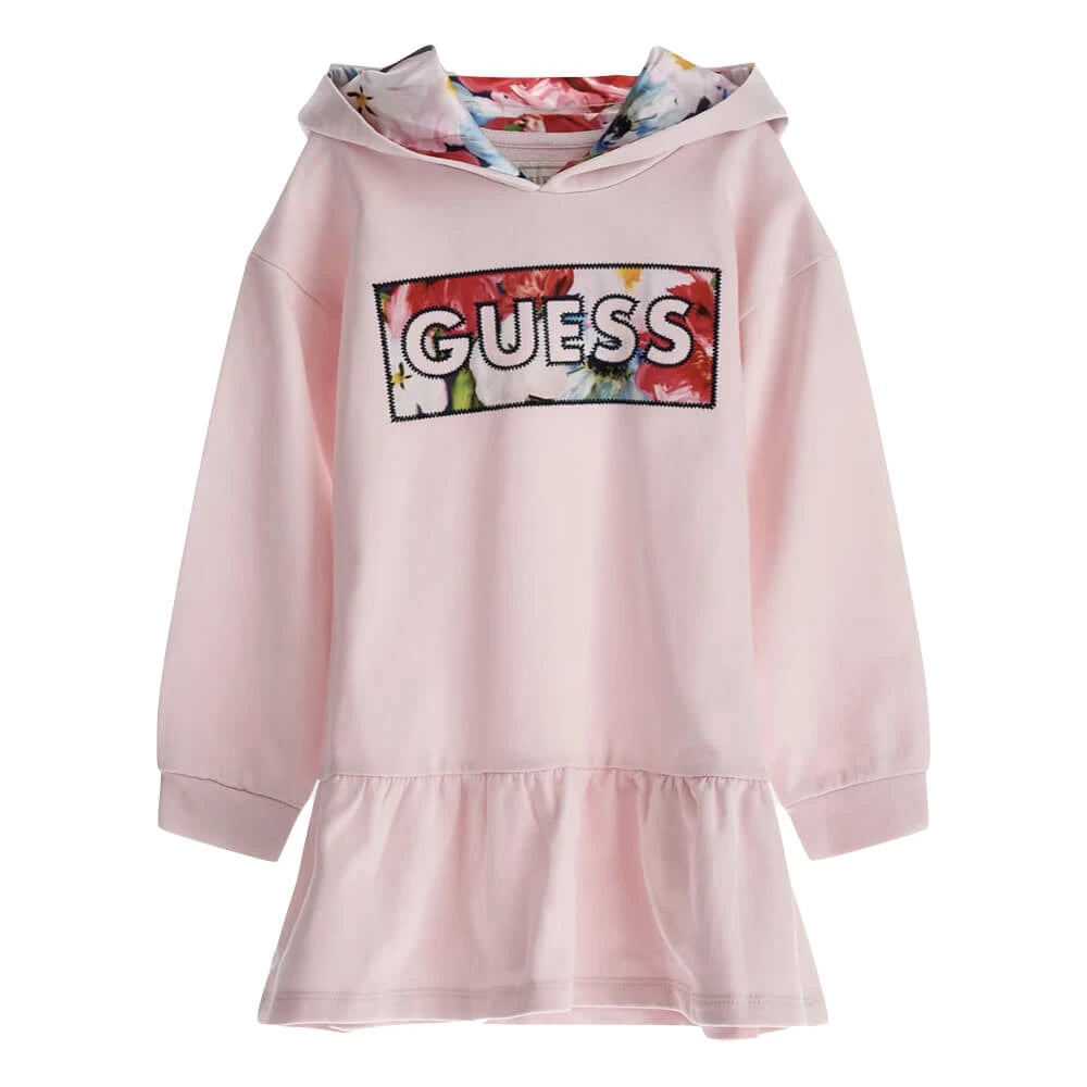 Guess Girls Pink French Terry Long Sleeved Dress With Logo