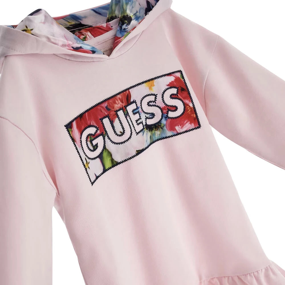 Guess Girls Pink French Terry Long Sleeved Dress With Logo