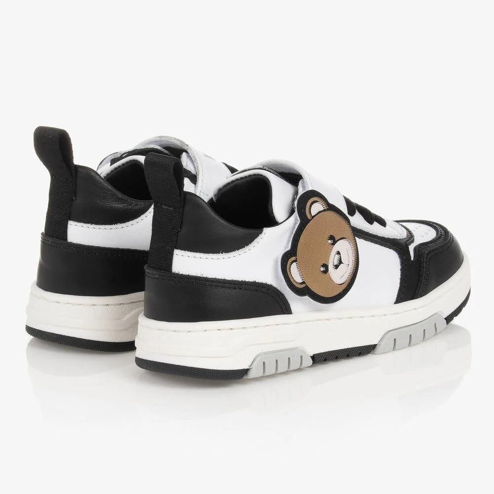 Moschino Boys White & Black Teddy Patch Trainers Lace Up & Strap