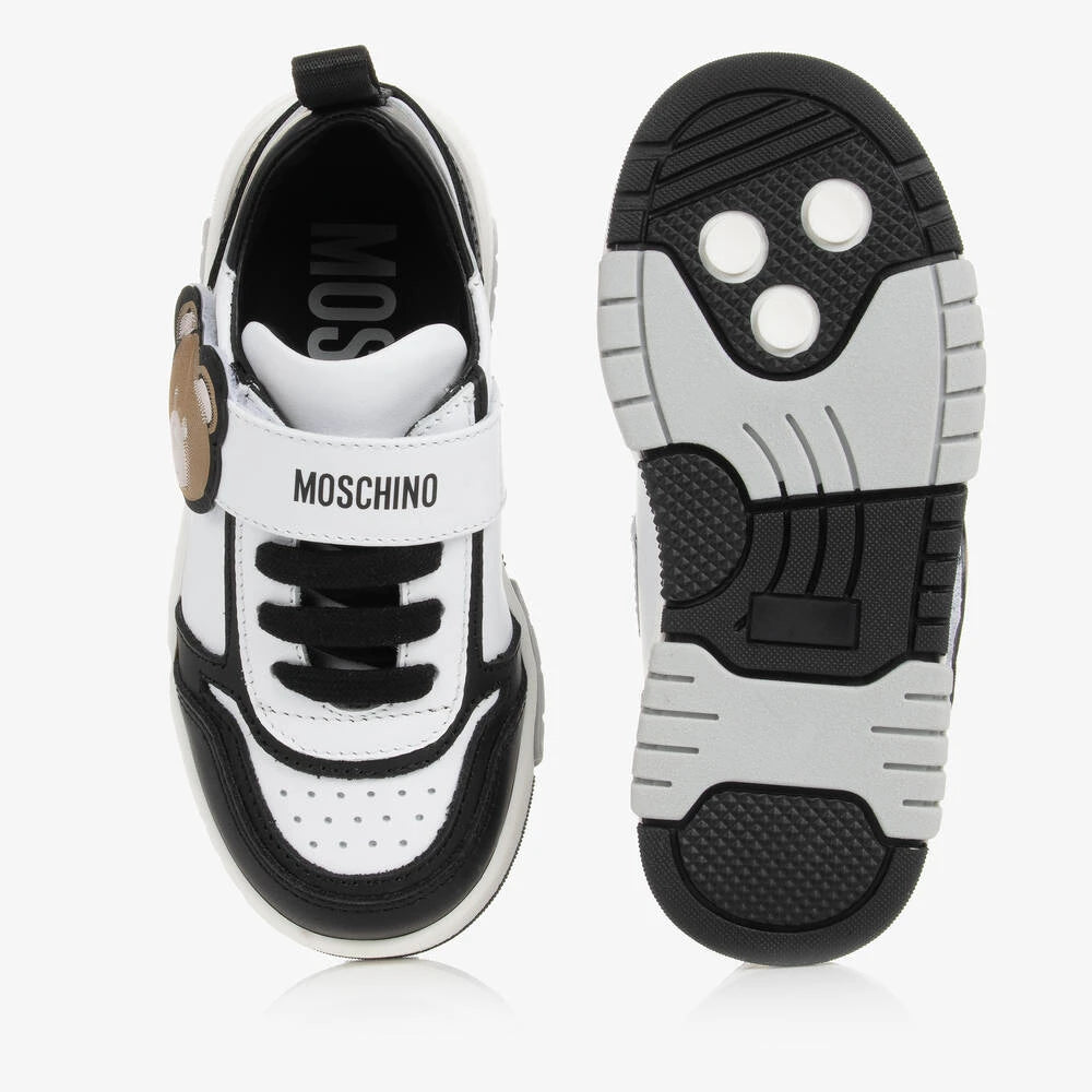 Moschino Boys White & Black Teddy Patch Trainers Lace Up & Strap
