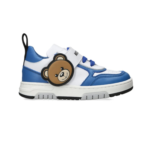 Moschino Baby Boys White & Blue Teddy Patch Trainers Lace Up & Strap
