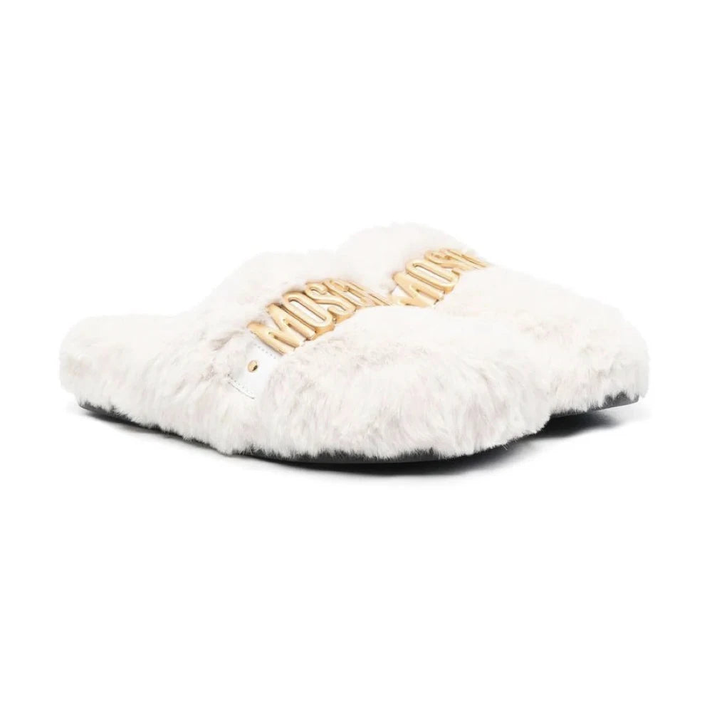 Moschino Girls White & Gold Lettering Logo Soft Fur Slip-on Sliders