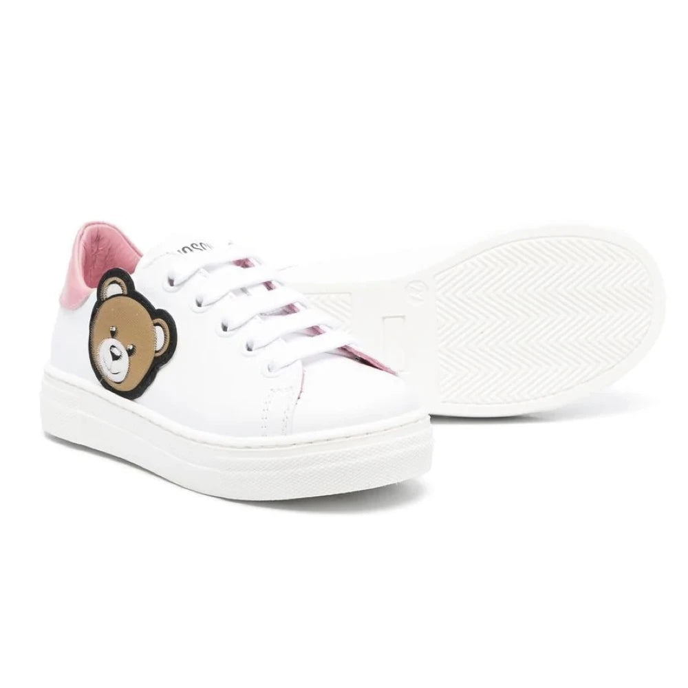 Moschino Baby Girls White & Pink Teddy Patch Trainers Lace Up & Strap