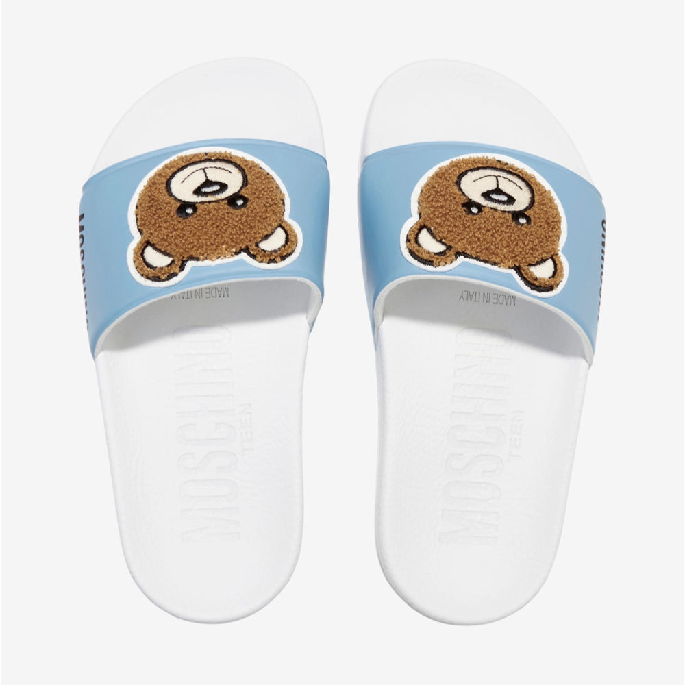 Moschino Unisex Blue & White Pool Sliders Teddy Bear Patch