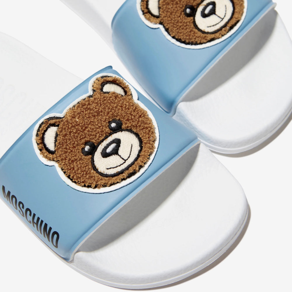 Moschino Unisex Blue & White Pool Sliders Teddy Bear Patch