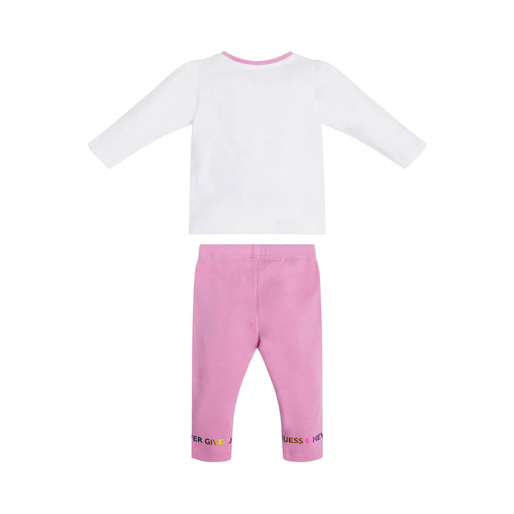 Guess Baby Girls White & Pink Full Sleeved Top and Leggings Combo Set