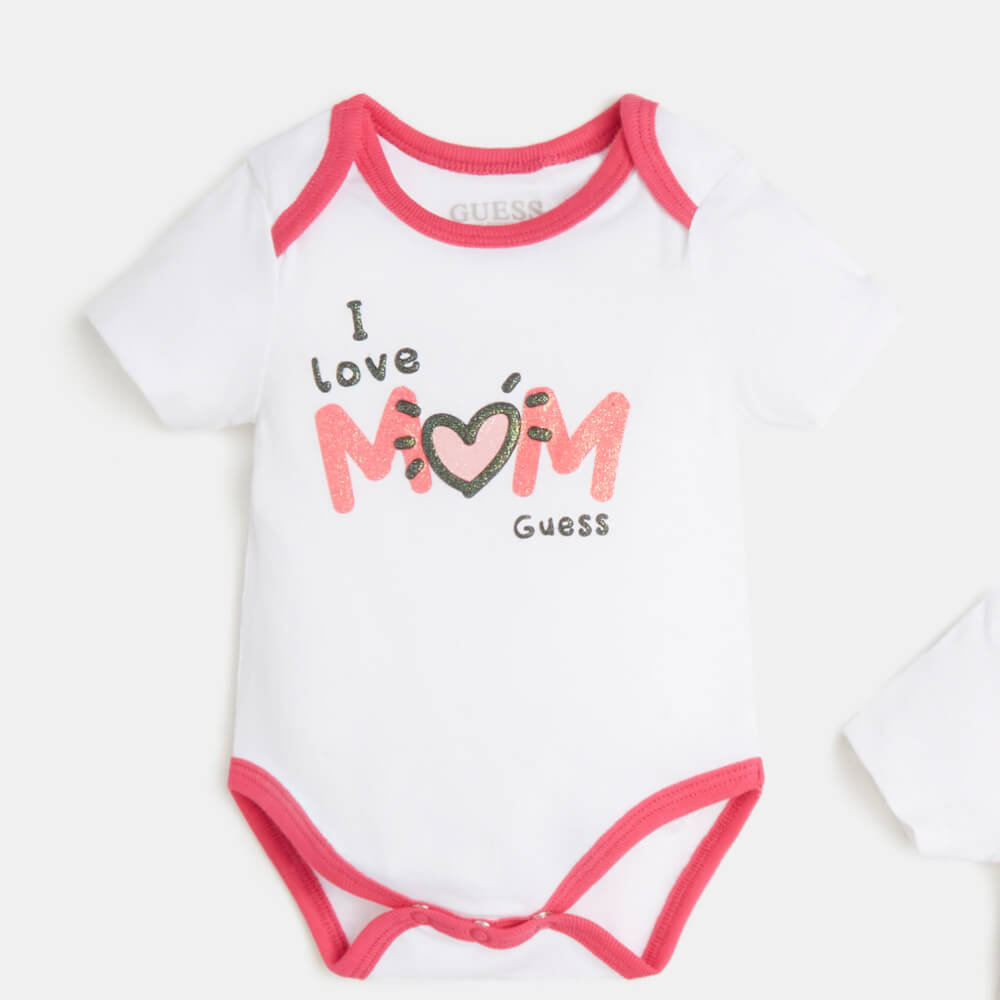 Guess Baby Girls White & Pink 2 Piece Babysuit And Shorts Combo Set