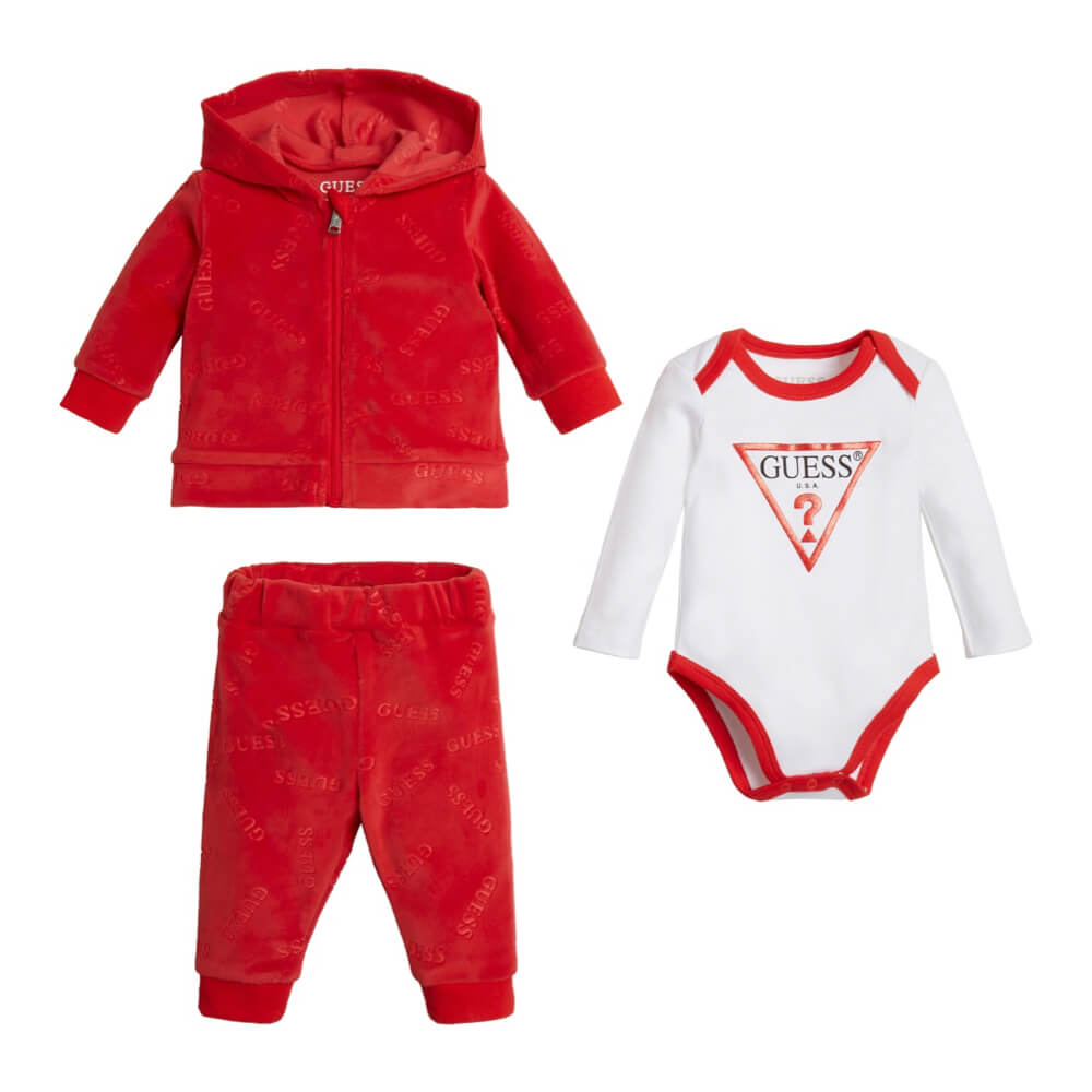 Guess Baby Girls Red & White Hoodie Joggers & Babysuit Combo Set