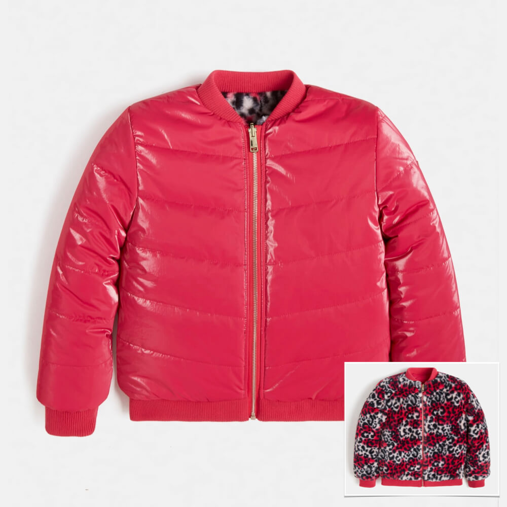 Girls Red Reversible Fur Nylon Bomber Jacket
