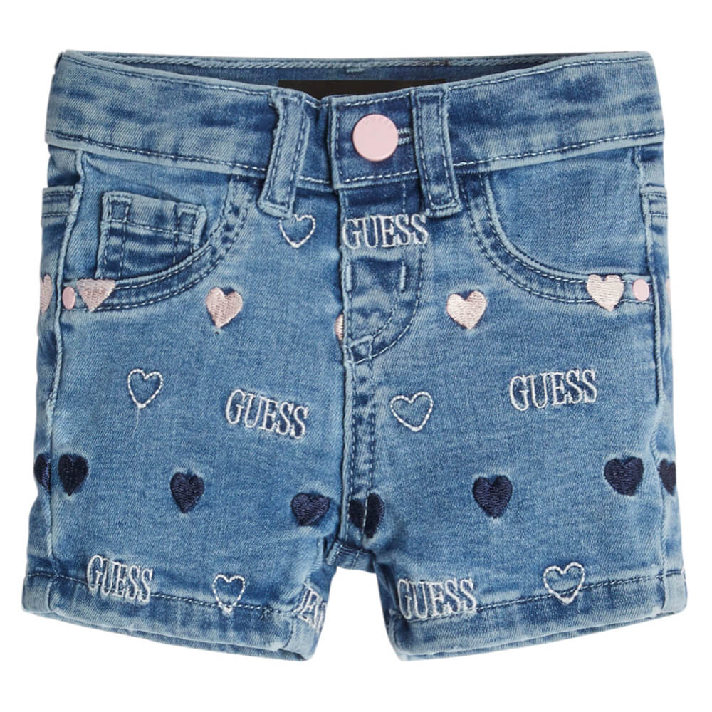 Guess Girls Blue Denim Shorts With Heart Patterns