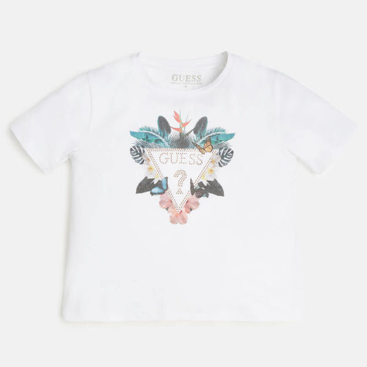 Guess Girls White Midi T-Shirt With Nature Triangle Logo