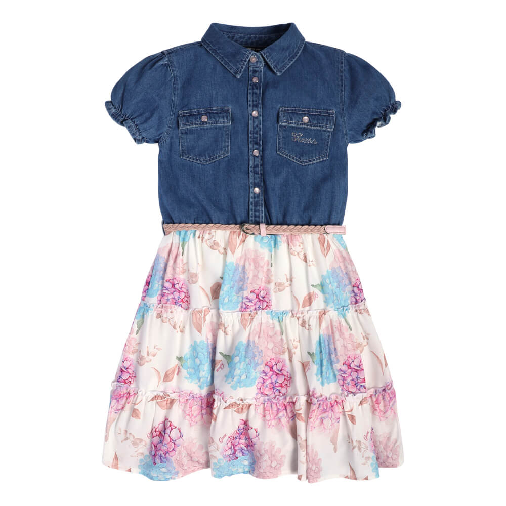 Girls Blue & Pink Mixed Fabric Half Denim Dress Kids Designer Closet Girls Blue & Pink Mixed Fabric Half Denim Dress Kids Designer Closet