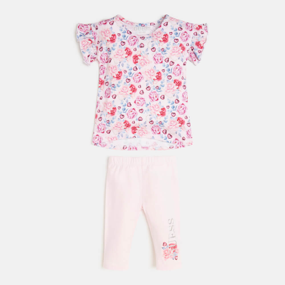 Guess Girls Flower Pink Print T-Shirt And Leggings Combo Set