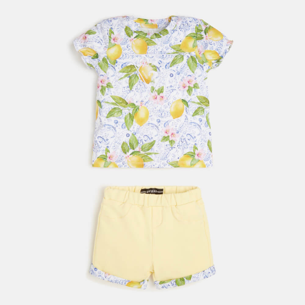 Guess Girls Lemon Print T-Shirt With Lemon Pattern And Shorts Combo Set