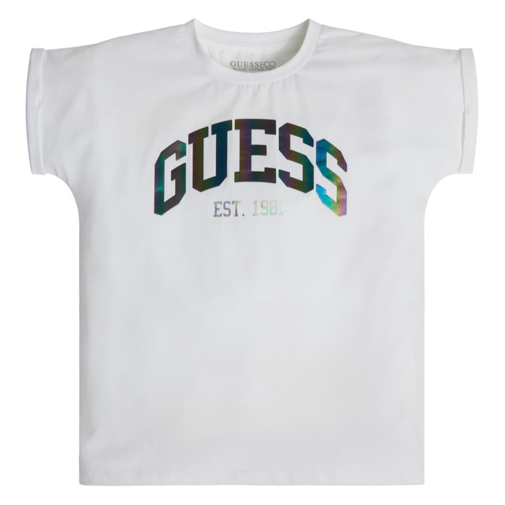Guess Girls White Orgnaic Cotton T-Shirt With Logo