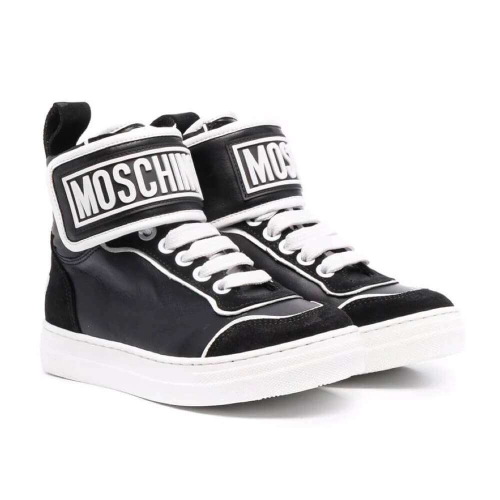 Moschino Boys Black & White Trainers High Tops With Strap Lace Up and Rubber Logo Patch