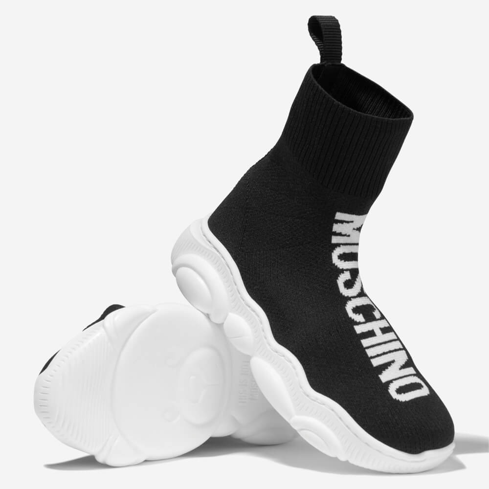 Moschino Unisex Black & White Trainers (Sock Style) Hi-Top Teddy Sole And Maxi Logo Print