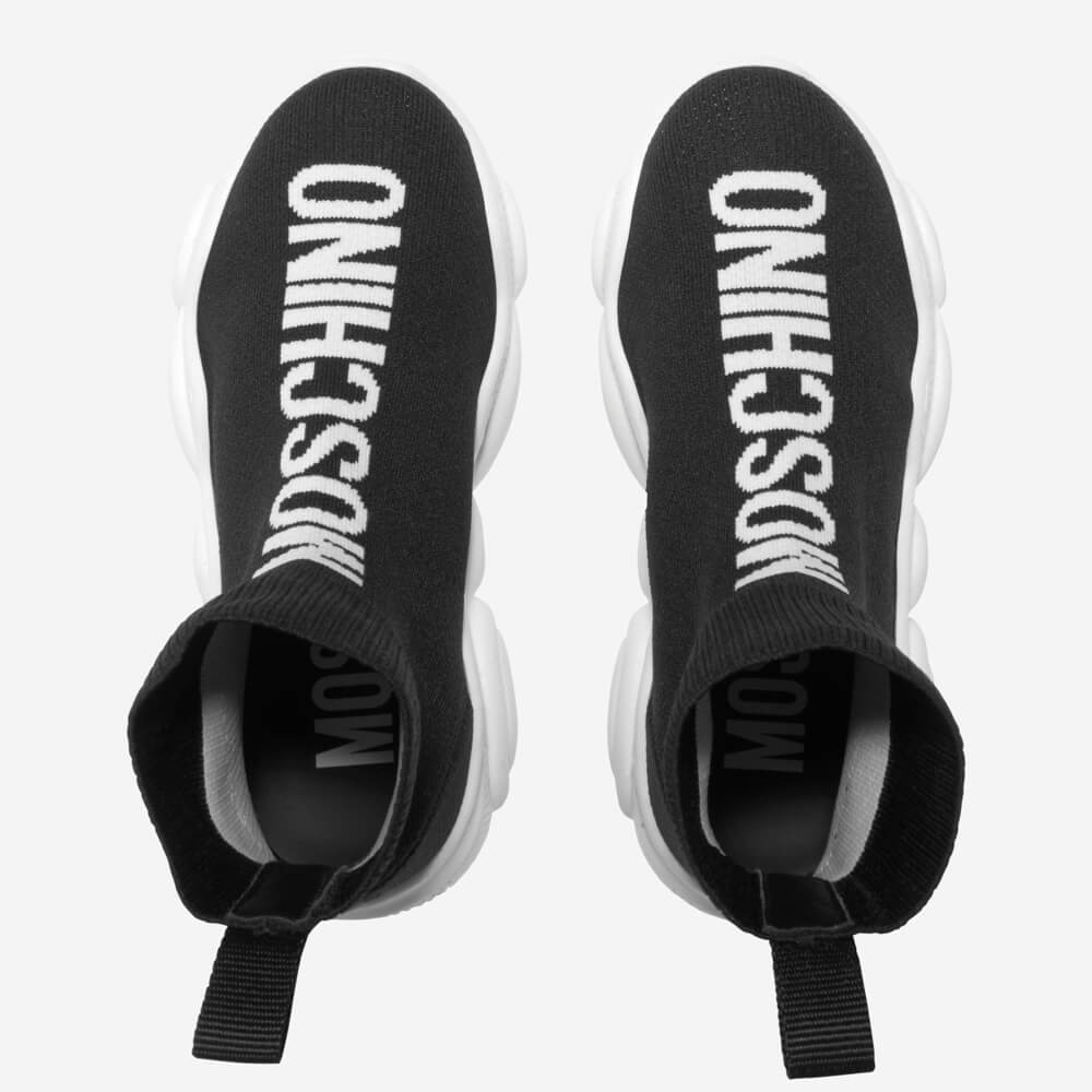Moschino Unisex Black & White Trainers (Sock Style) Hi-Top Teddy Sole And Maxi Logo Print