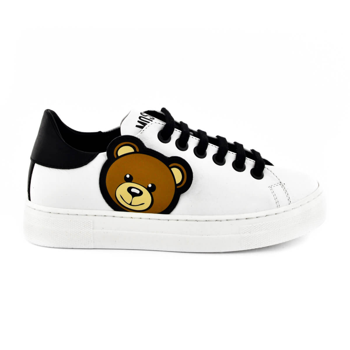 Moschino Unisex White & Black Box Sole Lace Trainers (With Teddy Bear Patch)