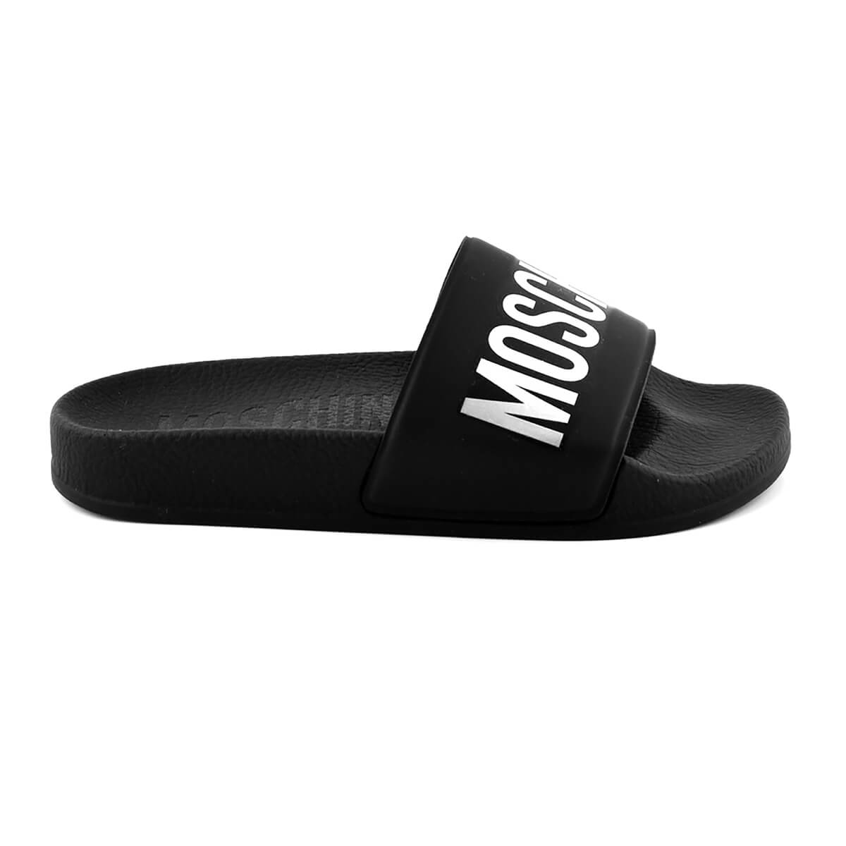 Moschino Unisex Black & White Pool Sliders Maxi Logo Print