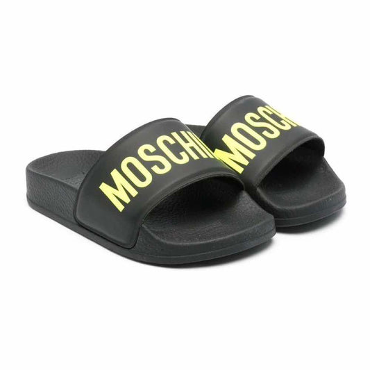 Moschino Unisex Black & Yellow Pool Sliders Maxi Logo Print