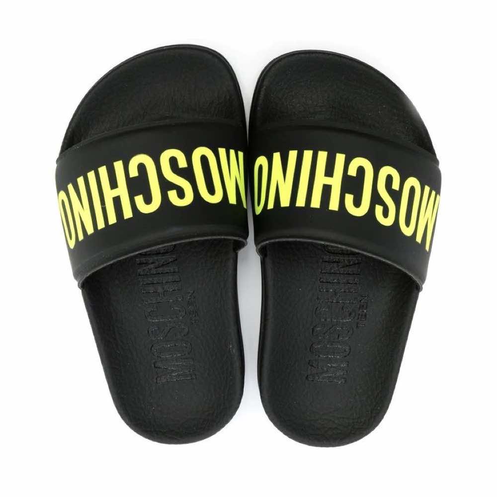 Moschino Unisex Black & Yellow Pool Sliders Maxi Logo Print