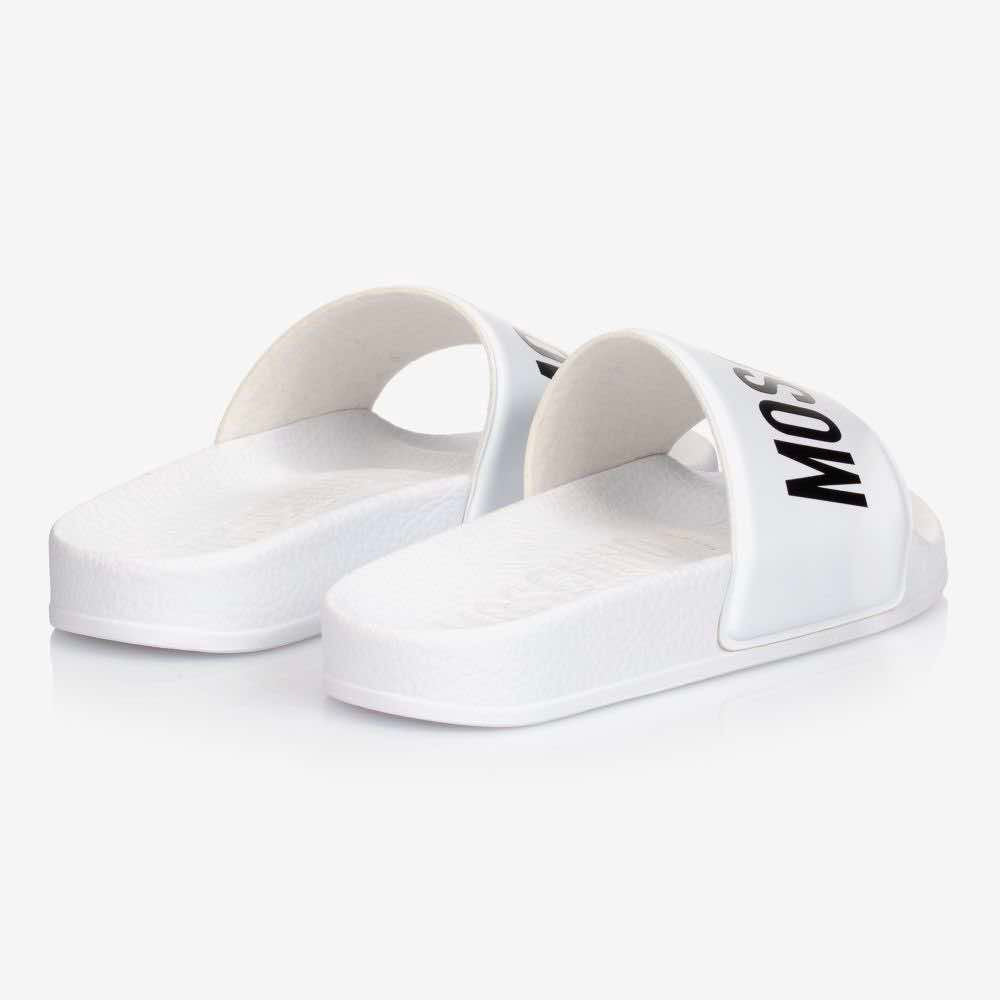 Moschino Unisex White & Black Pool Sliders Maxi Logo Print