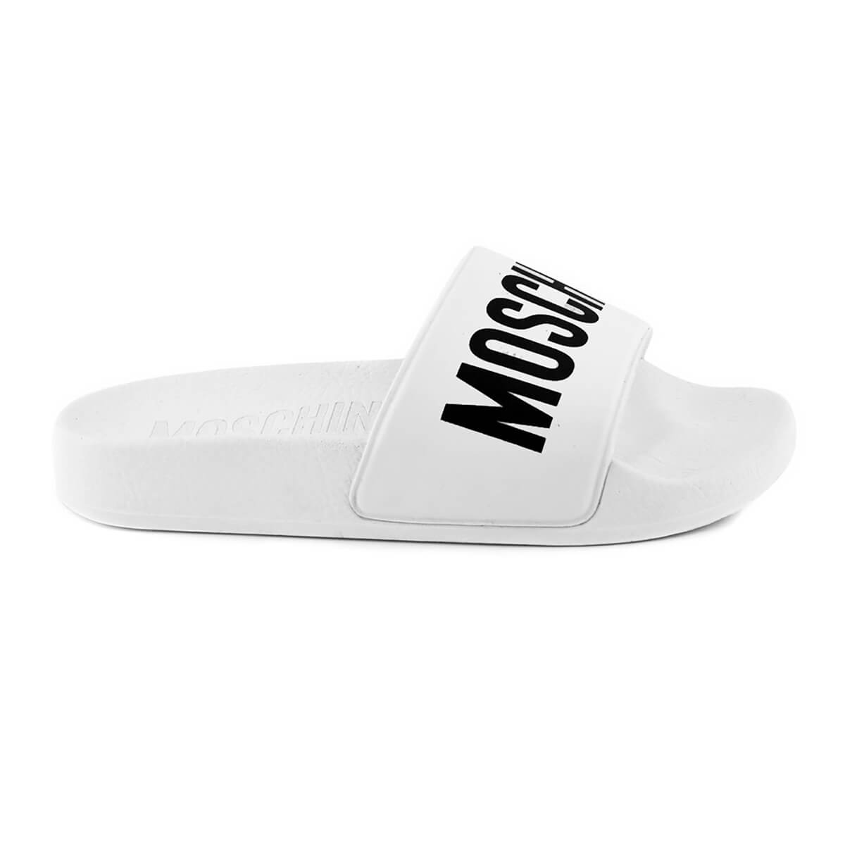 Moschino Unisex White & Black Pool Sliders Maxi Logo Print