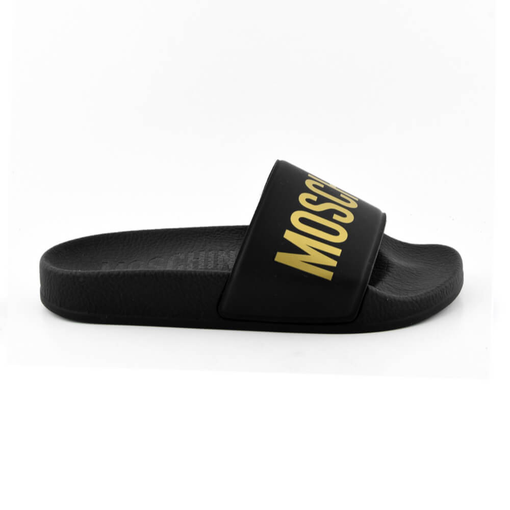 Moschino Unisex Black Gold Print Pool Sliders With Big Lettering